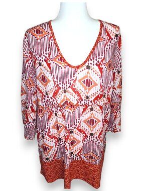 Boho Ikat Print Tunic Top Red Orange V Neck 3/4 Sleeve Size XL